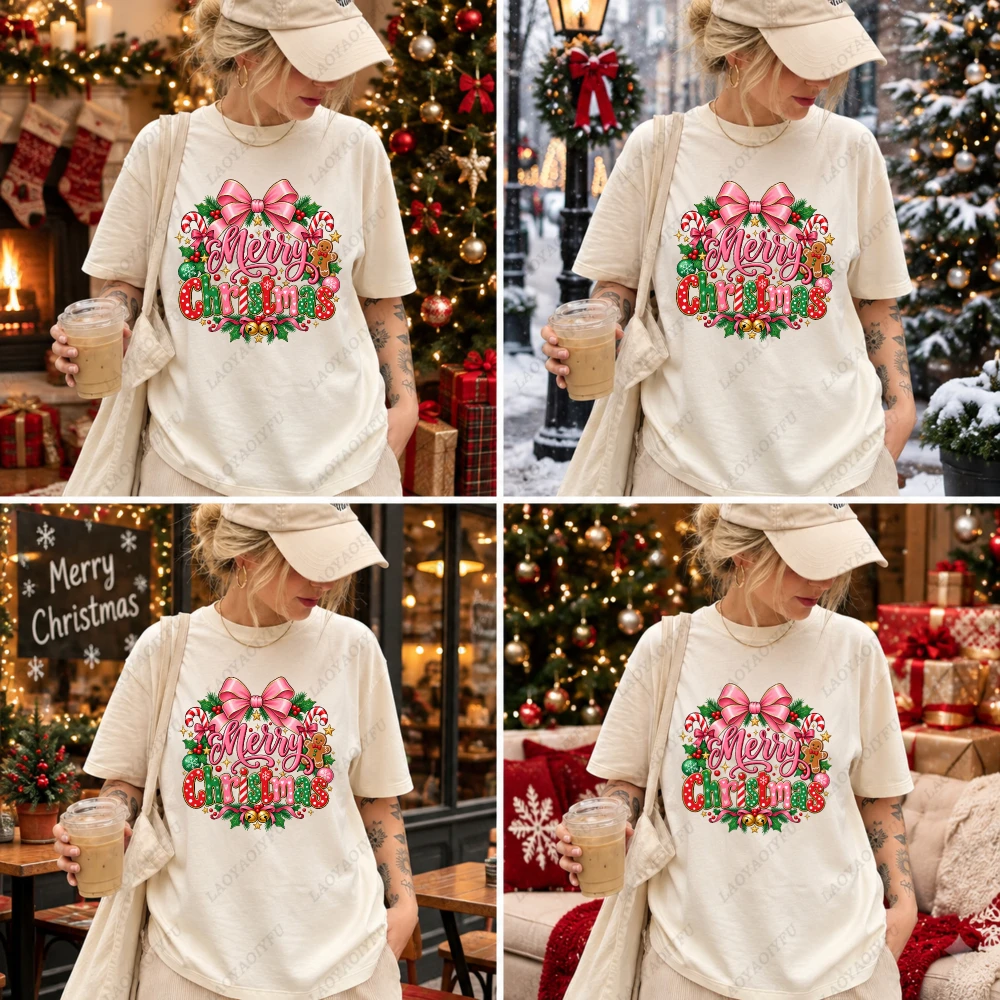 Pink Bow Funny Merry Christmas Candy Cane Holly Cute Xmas Holiday Winter Girls Womens Comfy Cotton Graphic Tee Women Clothes
