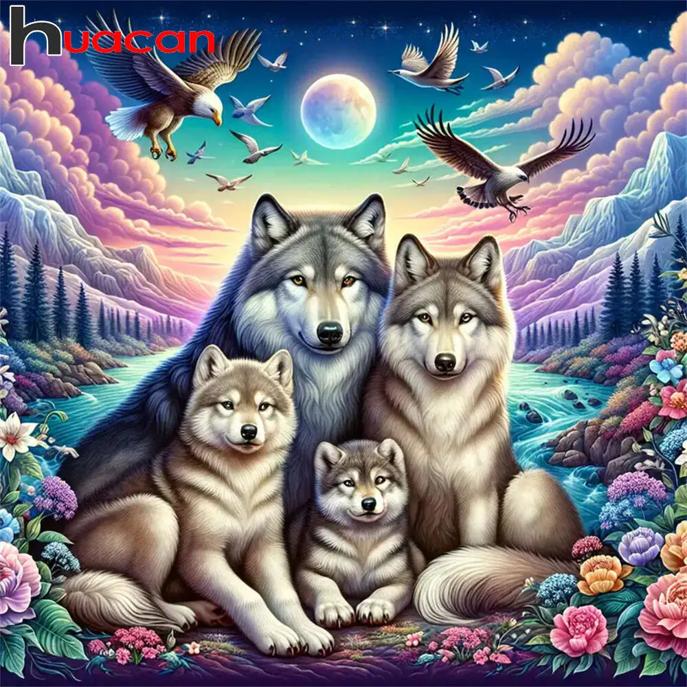 Huacan Animal Diamond Painting Wolf Bird 5D Full Drill Mosaic Embroidery Kit Moon Flower Landscape Rhinestone Pictures