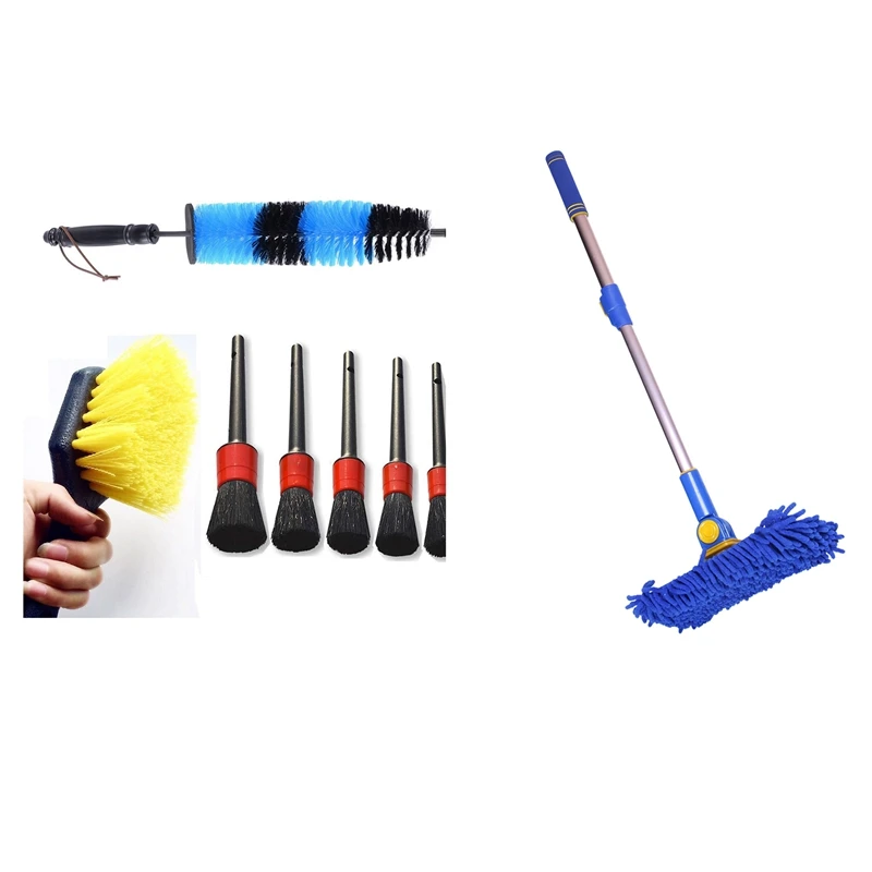 

1 Pcs Car Wash Brush Cleaning Mop 180 Degree Rotating & 1 Set Car Wheel Tire Detailing Brush Set