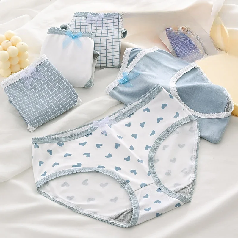 

Cute Plaid Print Briefs Women's Cotton Crotch Breathable Mid-Waist Underwear Cute Bow Intimates Panties Lingerie Panties Girls