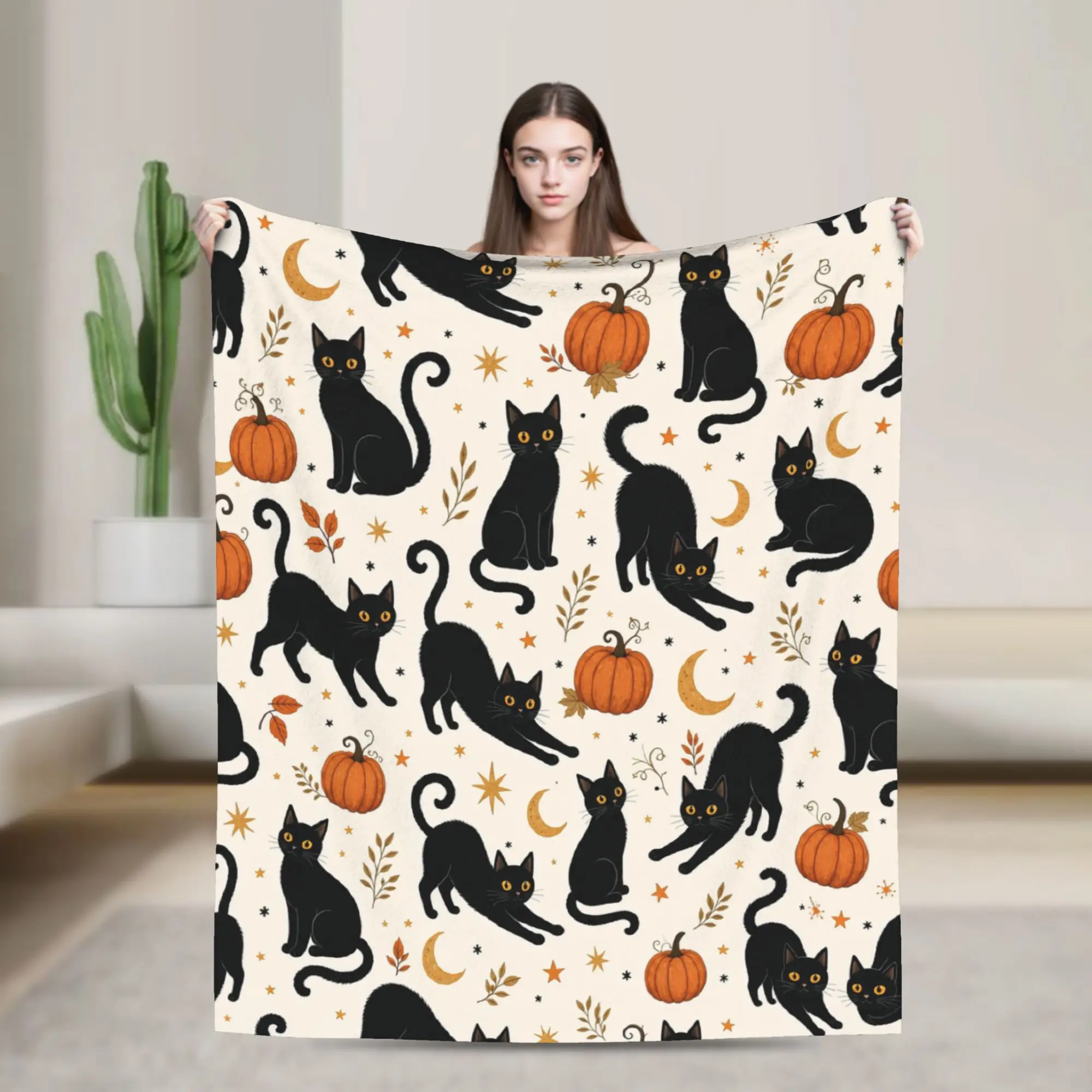 Halloween Black Cats Fleece Blankets Witchy Kitty Funny Throw Blanket for  Sofa Bedding Lounge 200x150cm Plush Thin Quilt