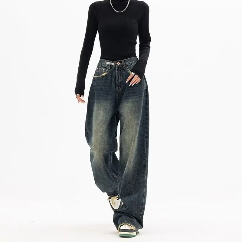 2026 Jeans slim a vita alta da donna |   Pantaloni larghi a gamba larga larghi streetwear vintage americano primavera estate