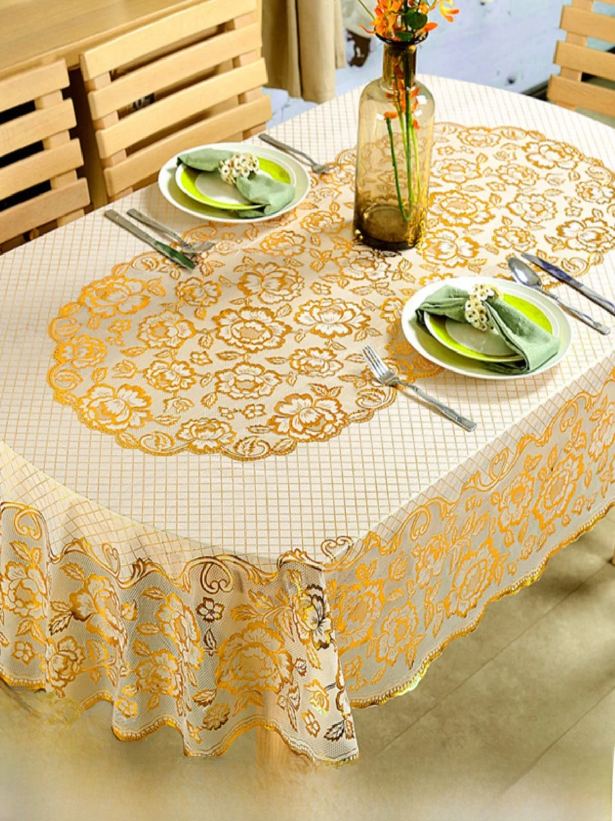 Oval Shaped PVC Plastic Tablecloth European Style Reusable Waterproof Oil Resistant No Need to Wash Home Use Rectangle Tablec...