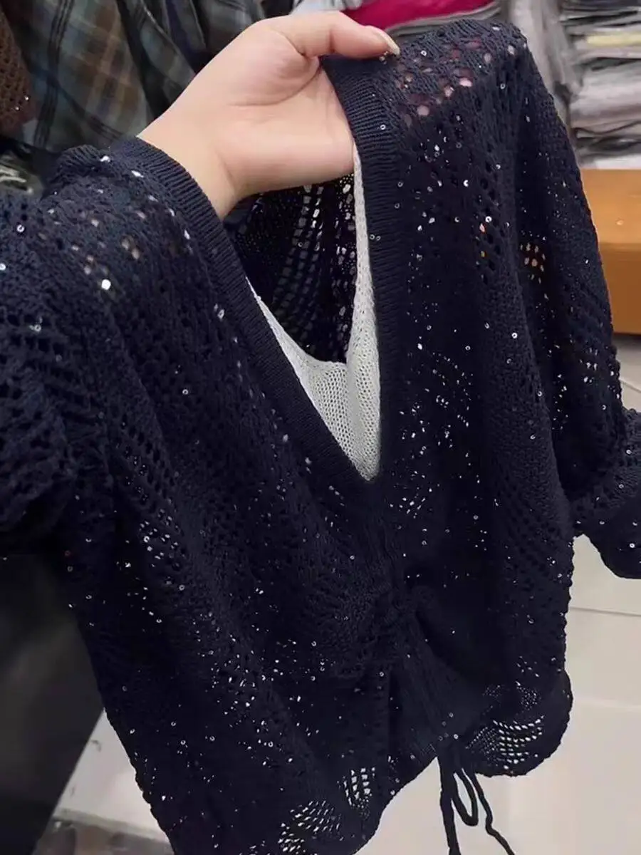 

Soft Breeze Hollow out Long Sve V-Ne Dstring Lazy Sle Women's Knitted Top Spring Summer New Arrival Two-Piece Look