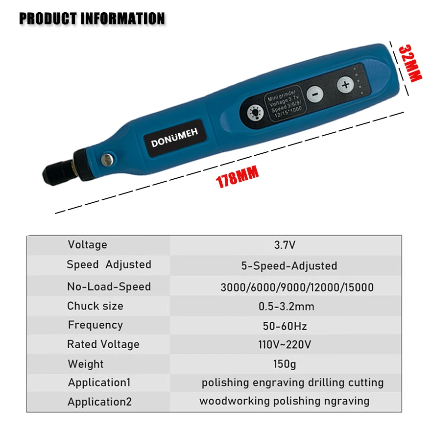 DONUMEH Cordless Electric Grinder Electric Drill 5-Speed Adjustable USB Rechargeable Engraving Pen Cutting Polishing Drilling