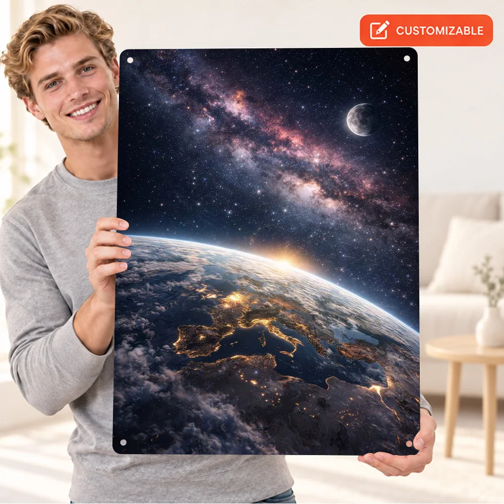 Earth And Milky Way Galaxy Printed Poster Personalized Aluminum Metal Sign Astronomical Illustration Wall Art For Living Room
