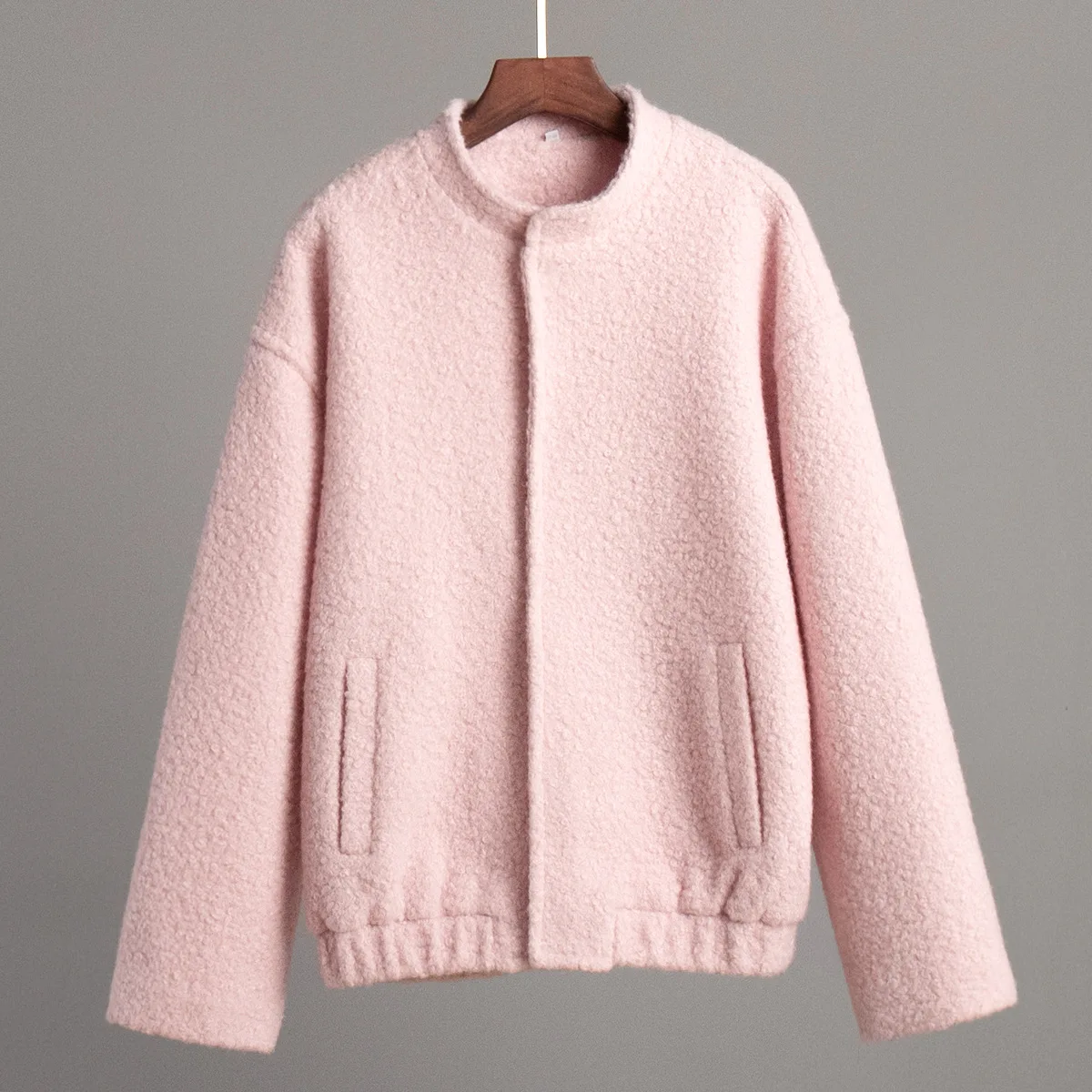 Autumn Winter New Pink Bomber Jacke Casual Stand Up collar Basic Coat Dropped Shoulder Sleeves Short Fur Outerwear