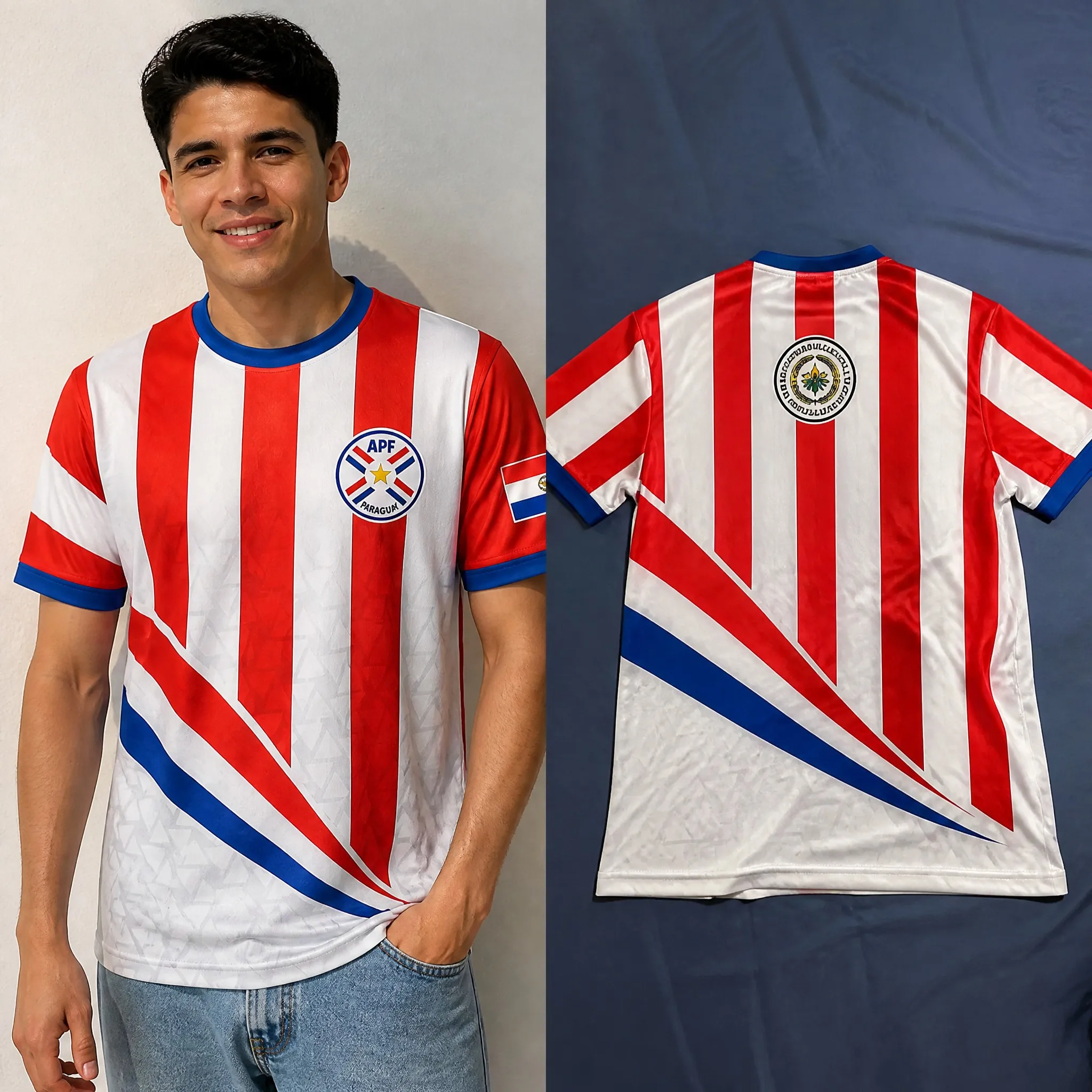 Herren Paraguay Rundhals-T-Shirt mit Streifen-Swoosh-Print, Kurzarm, Lässiges Oberteil, APF-Wappen-Grafik, Sommer-Streetwear-Tee im Casual-Stil – Detail 2
