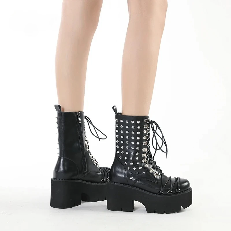 Women Motorcycle Punk Boots Mori Girl Lady Lolita Boots Woman High Top Boots Platform Fashion Rivets Goth Dark - view 3