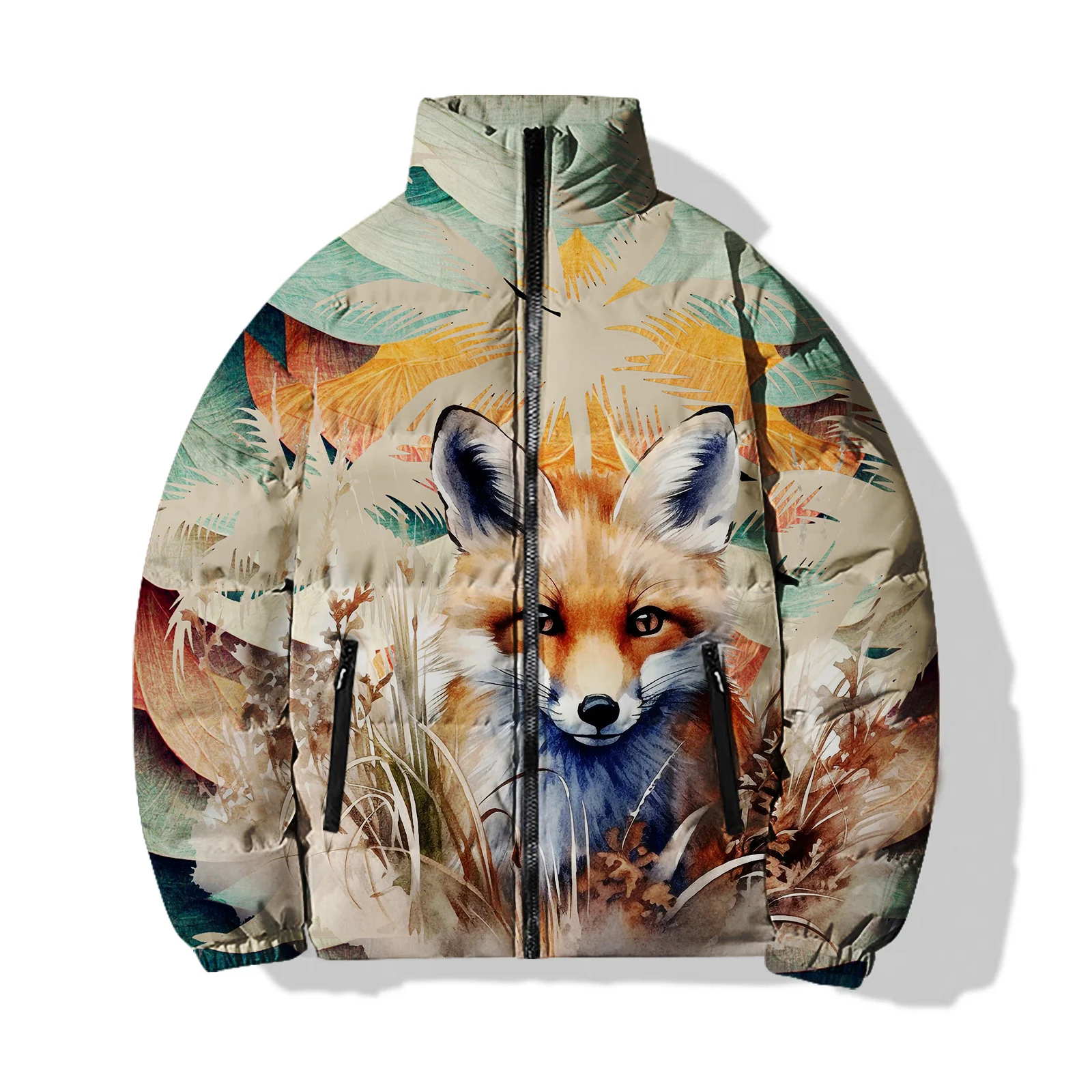 Abrigo de invierno con estampado de lobo Floral personalizado para hombre, ropa de algodón estampada a la moda, chaquetas informales y versátiles