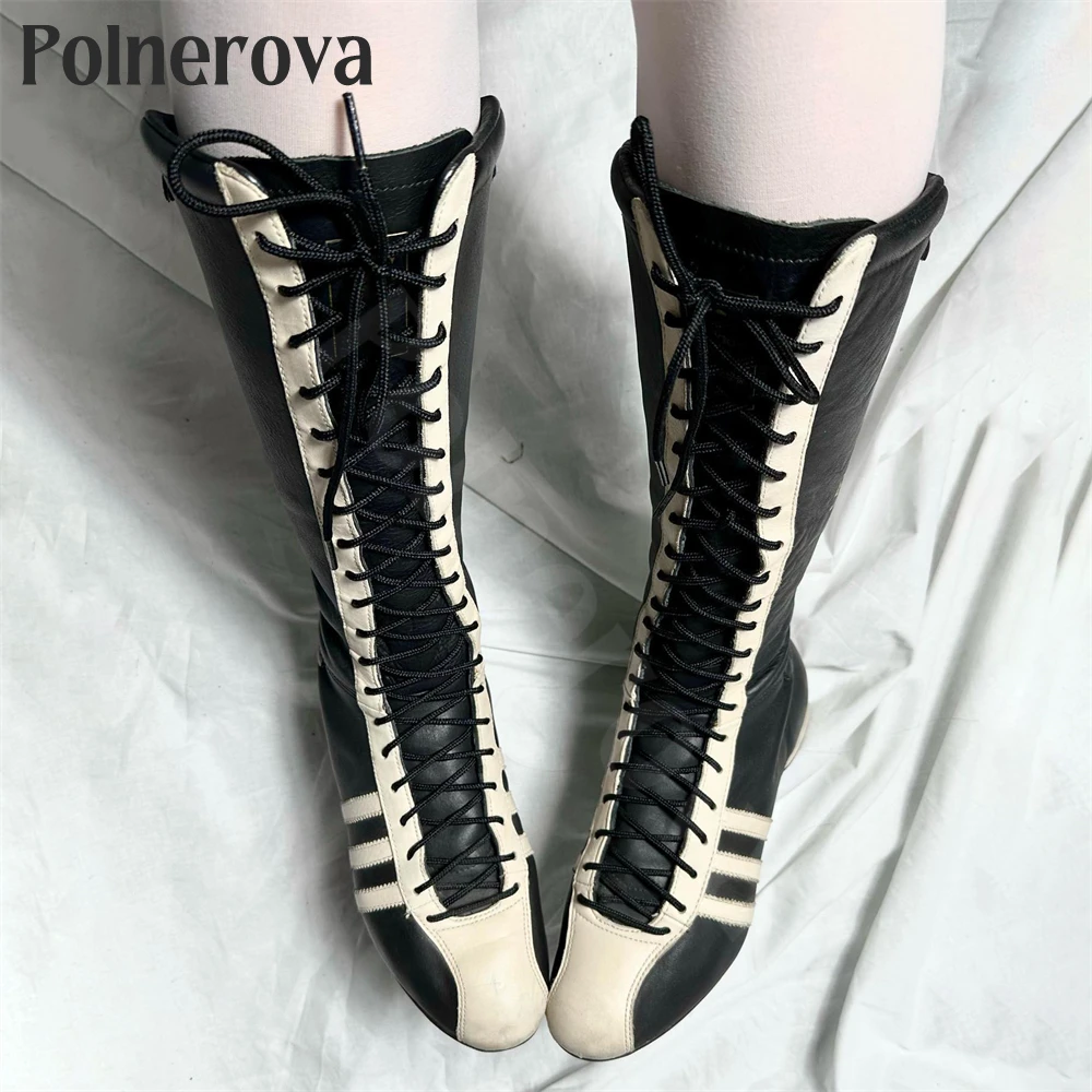 Vintage Style Sporty Knee-High Boots Designer Lace-Up Handmade Boots Soft and Comfortable Leather Flat Handmade Boots for Women