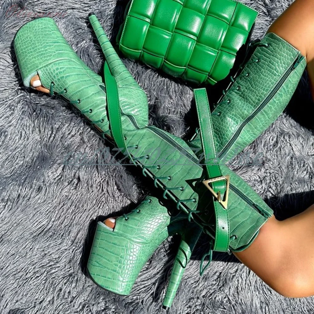 

Женские танцевальные туфли 2026: модные ботильоны до середины икры с принтом под зеленый камень, на супервысоком каблуке, с передней шнуровкой, 23 см/9 дюймов