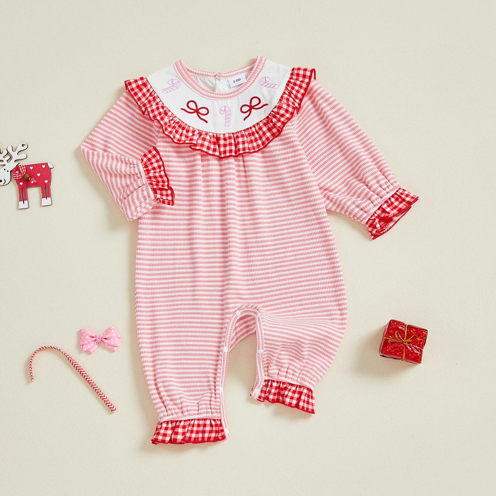

Infant Baby Girl Christmas Outfit Santa Candy Cane Bow Embroidery Striped Long Sleeve Romper Jumpsuits