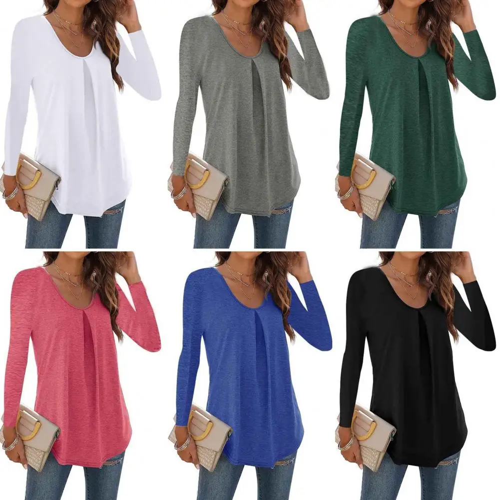 

Soft Stretchy Top Women's Solid Color Loose Pullover Blouse Soft Breathable Mid Length Long Sleeve Shirt for Fall Spring Simple