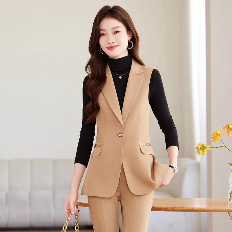 

Блейзер цвета хаки, жилет для женщин, новинка 2024 года, осенний элитный облегающий элегантный профессиональный жилет, комплект из двух предметов