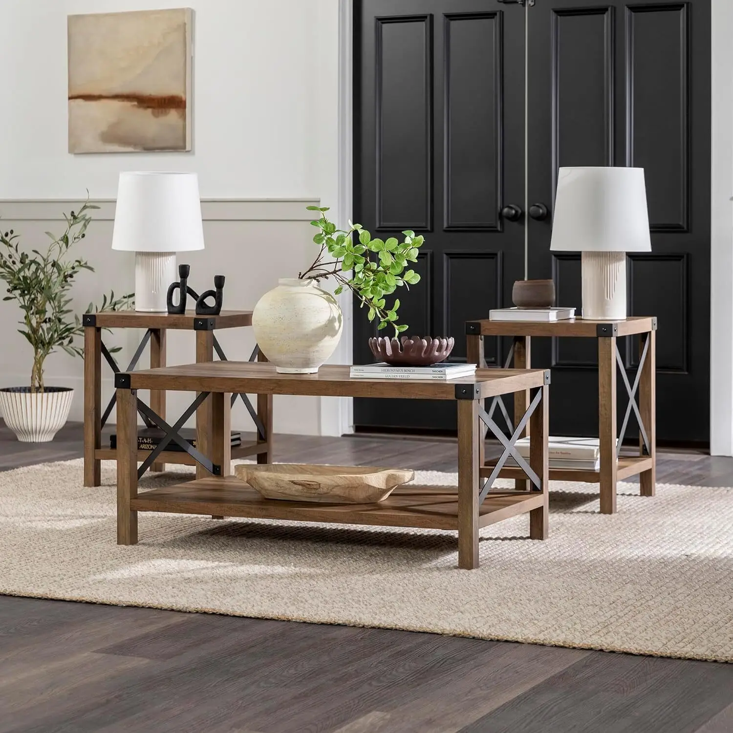 Sedalia Modern Farmhouse 3-Piece Metal-X Side and Coffee Table Set, 3 Pack, Rustic Oak