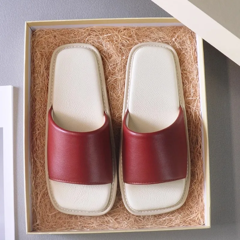 

sheepskin surface cowhide bottom leather slippers square head men and women models home indoor summer sandals mop anti-odor