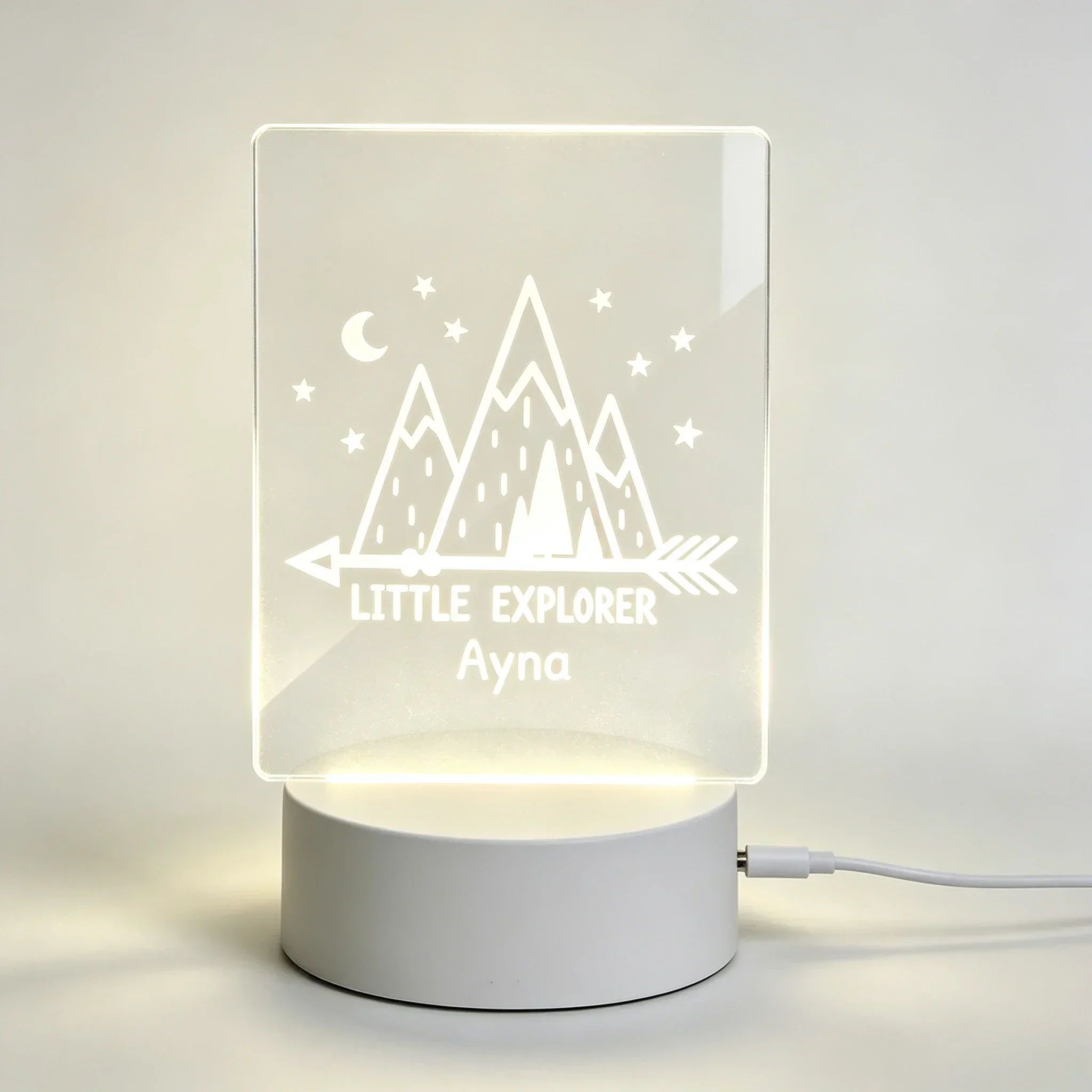 Personalized Name Little Explorer Mountain Scenery Engraved Acrylic Lamp Boys Nursery Decor Nightlight