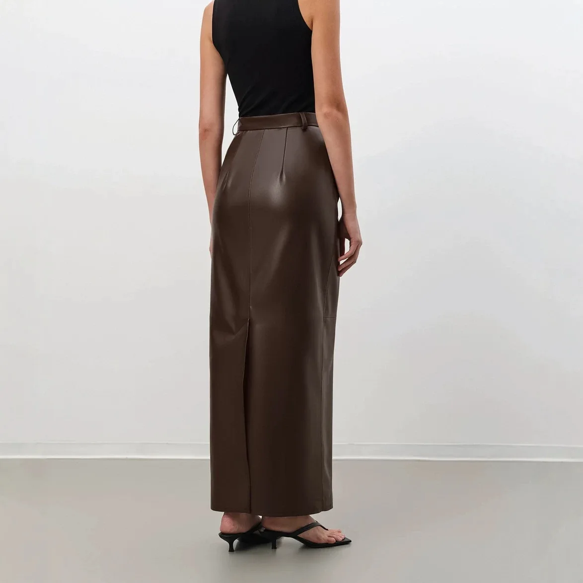 Retro Dark Brown Pu Leather Skirt Split-ended High-waisted Long Skirt