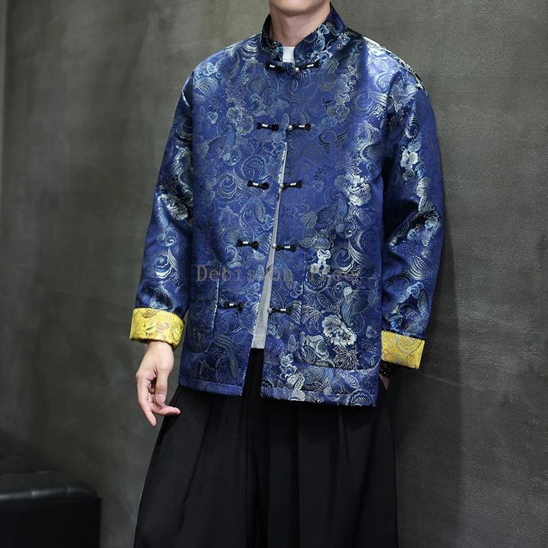 2025 high end elegant tang suit top fashionable jacquard men wushu top retro stand collar disc buckle long sleeved chinese shirt