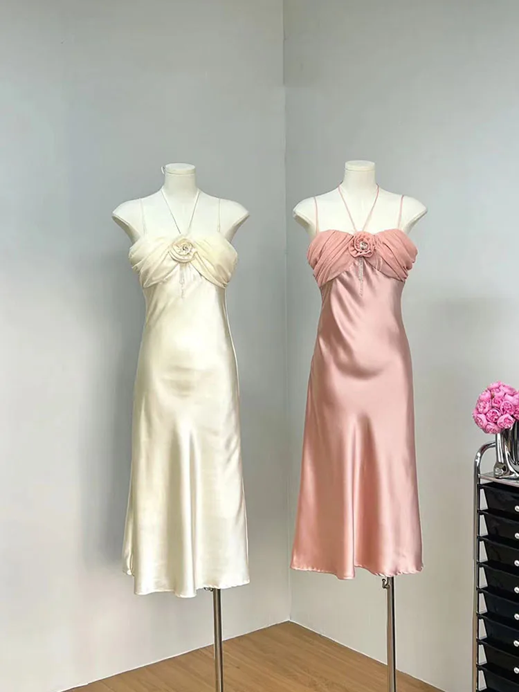 High Quality Solid Satin Dress Fashion Off Shoulder Spaghetti Strap Dress Sexy Luxury Sundress Formal Occasion 2000s Aesthetic