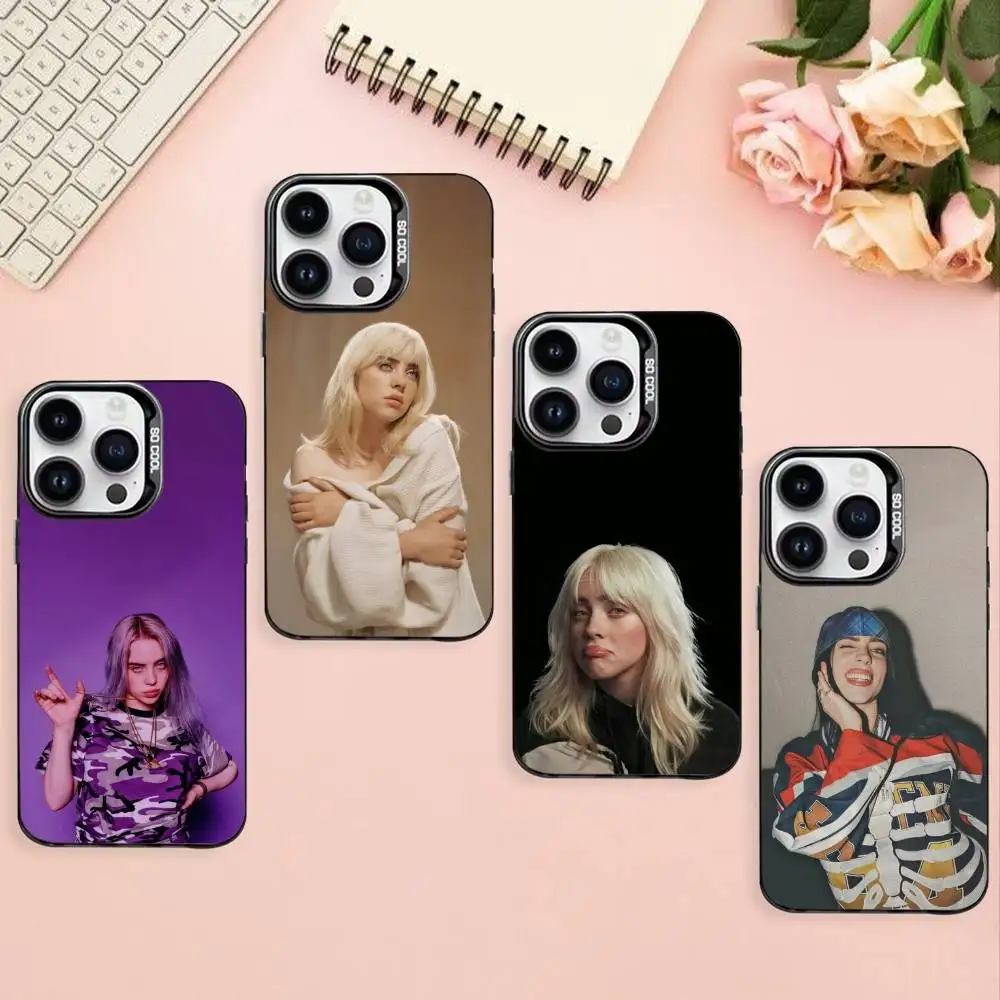 

S-Singer B-Billie Eilish Phone Case For iPhone17,16,15,14,13,12,11 Plus,Pro Max Black Border Silver Plated Cover