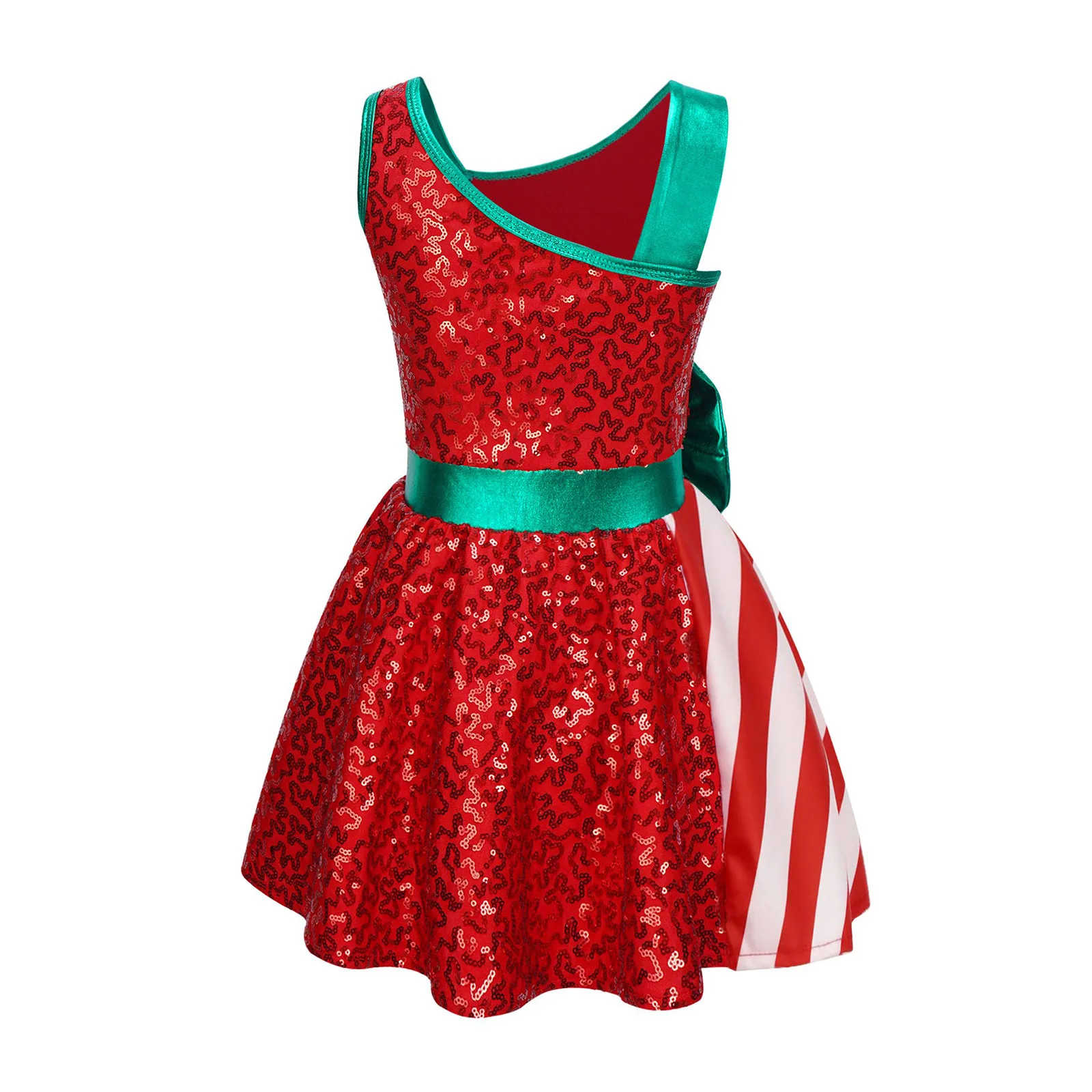 Kids Girls Christmas Party Dress Xmas Santa Elf Costume Sleeveless Shiny Sequin Ballet Dance Skating Gymnastics Leotard Tutu