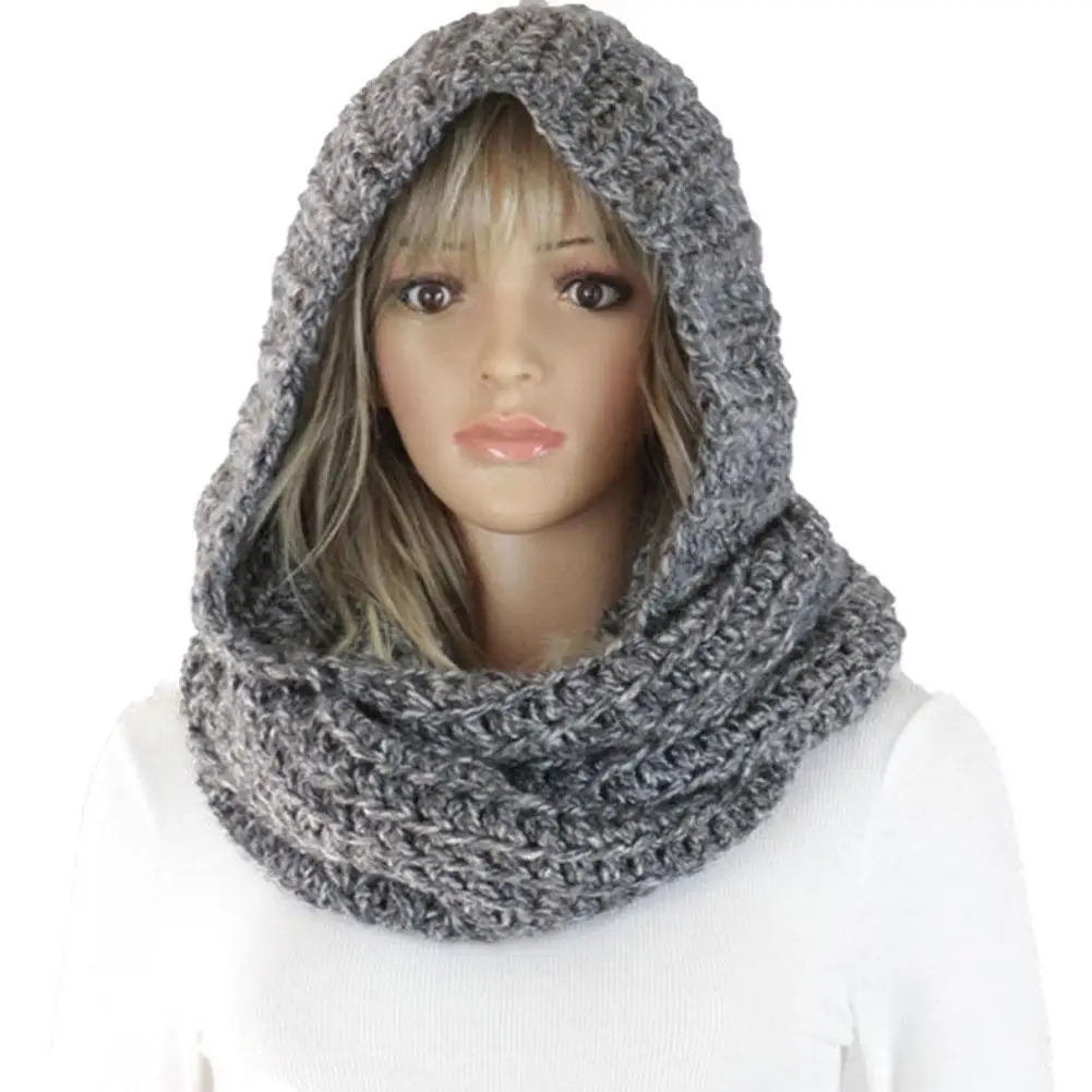 

Knitted Hooded Scarf Winter Women Thick Cable Knit Ribbed For Infinity Circle Loop Scarf Slouchy Loose Beanies Hat Windproof New