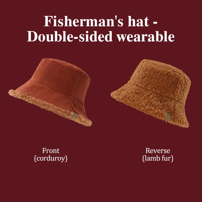 Windproof Fashion Fisherman's Hat Plush Autumn And Winter Splicing Warm Worn On Both Sides Lamb Hair Leather Label