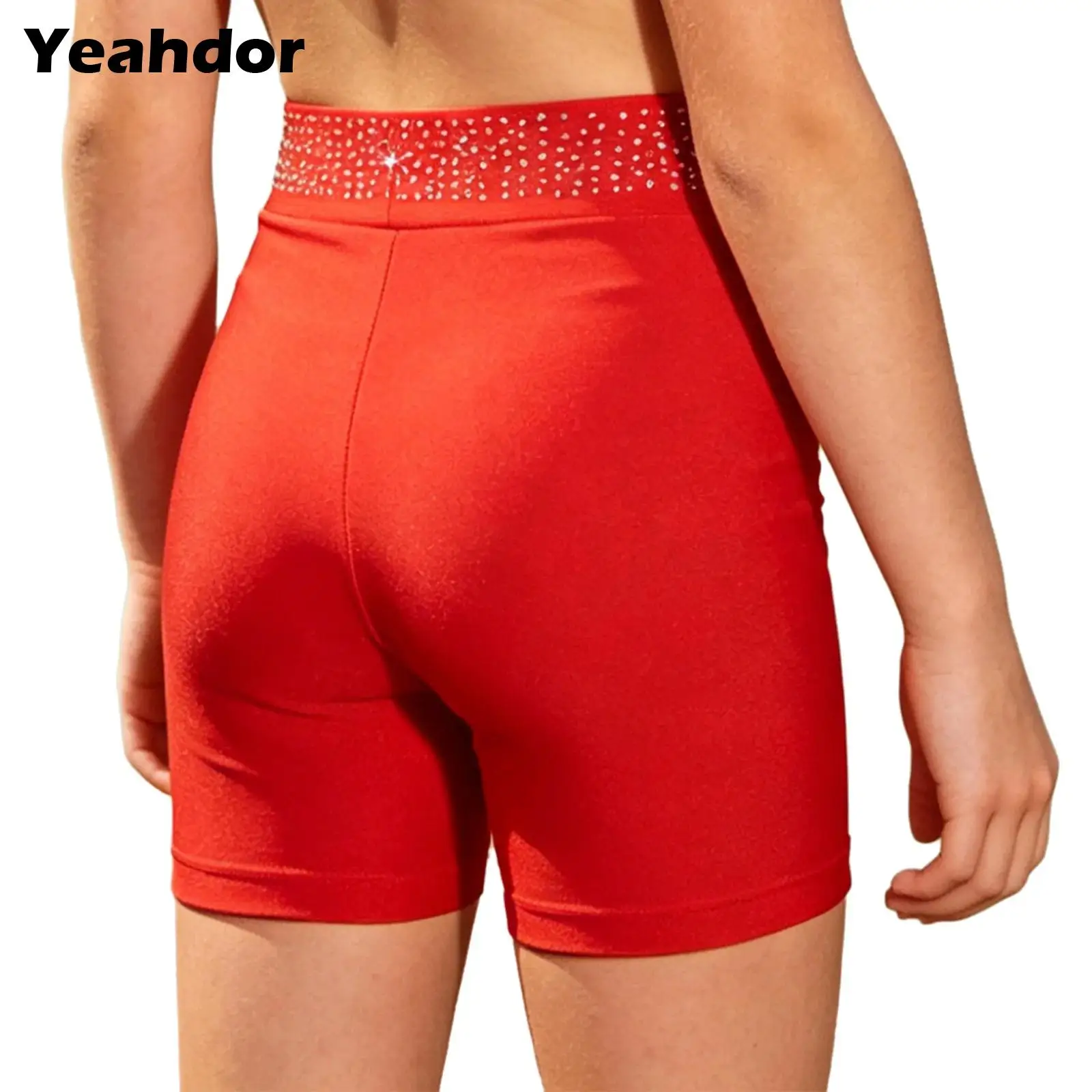 Kids Girls Gymnastics Dance Costume Shiny Rhinestones Metallic Trim Figure Ice Skating Shorts Sports Bottoms
