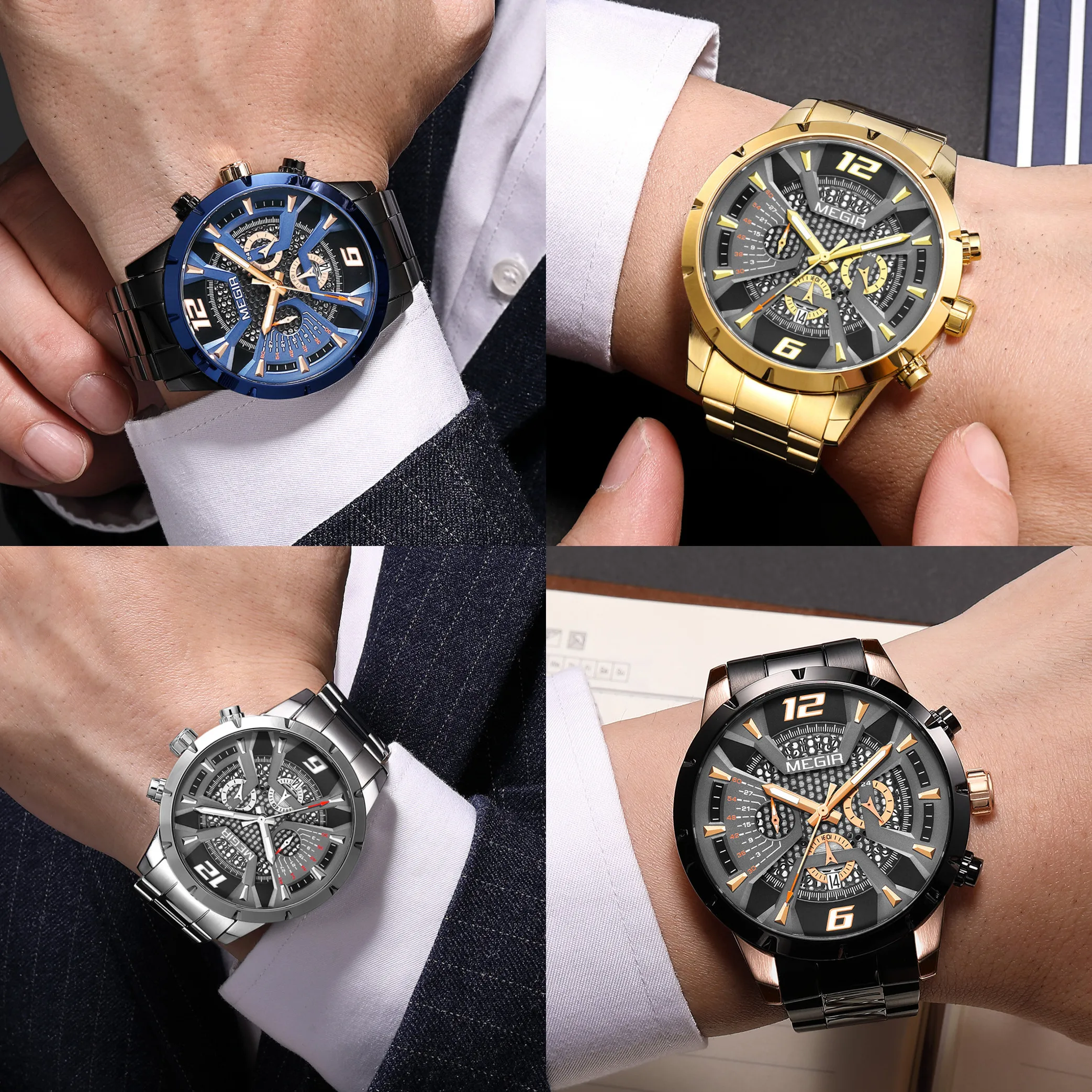 MEGIR Luxury Man Wristwatch Quartz Men's Watches Waterproof Luminous Chronograph Sport Casual Stainless Steel Date Clock Reloj