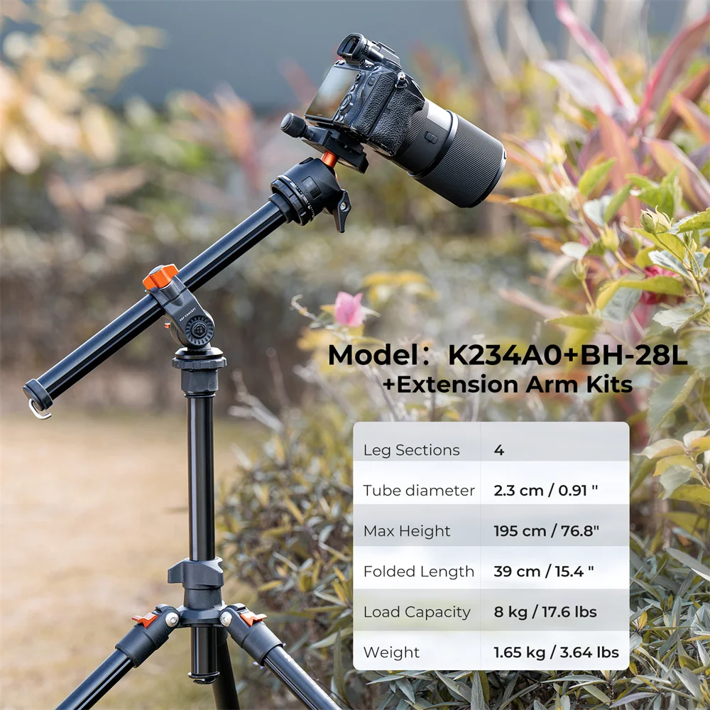 K&F Concept Travel Outdoor Tripods Lightweight DSLR 76.7 inch/195CM Tripods Removable Extension Boom Arm 28mm Metal Ball Head