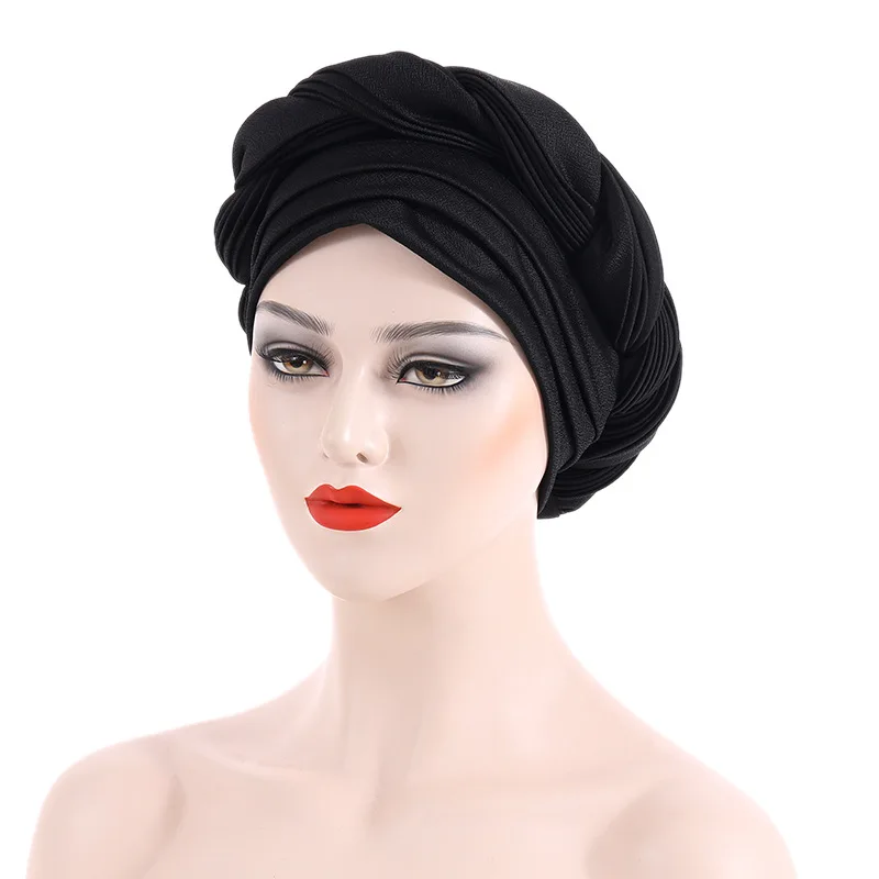 Multilayer Braids Turban Cap for Women Muslim Headscarf Bonnet Female Headwrap Hat Ready to Wear African Auto Gele Headtie