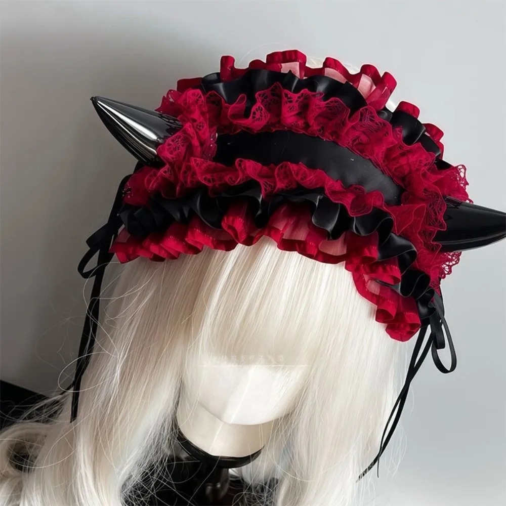 Lace-up Ruffle Devil's Corner Hair Band Bow Punk Little Devil Headband Cosplay Tulle Gothic Headwear Halloween Party