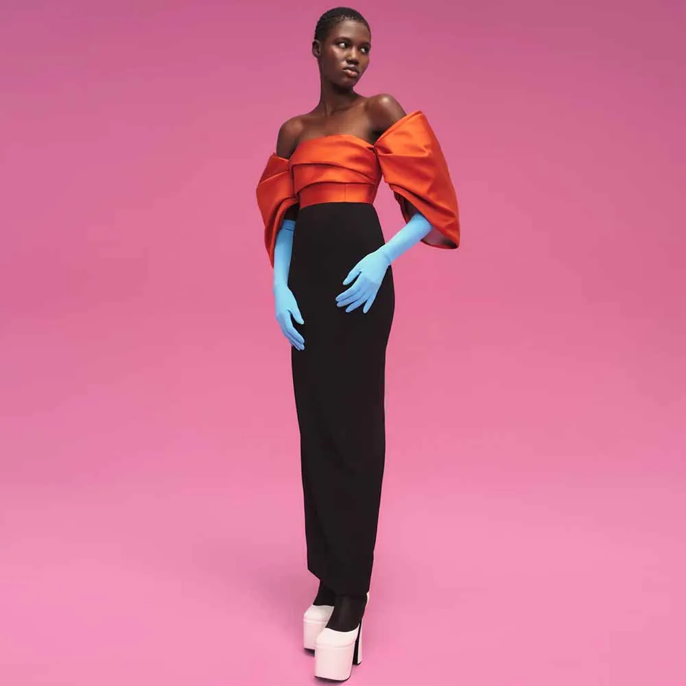 Klassische Kleider für besondere Anlässe, Mikado-Etui-Partykleider, orange und schwarz, schulterfreie Ballkleider mit Falten und Schlitz, lang