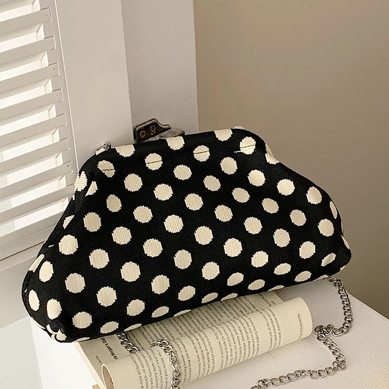 

Vintage Polka Dot Cloud Clutch Bag Fashion Striped Clip Bag Metal Chain Shoulder Bag Women's Elegant Evening Handbag