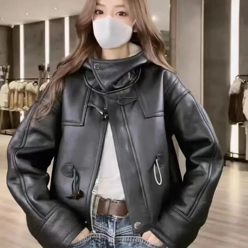 Autumn Winter Niche Unique Chic Top French Small Fragrant Celebrity Design Sense Korean Hooded Leather Jacket Short Coat Women