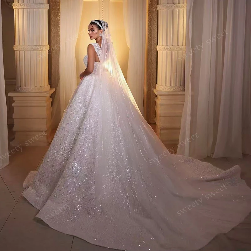 Luxuriöses Hochzeitskleid, vollständig mit Perlen verziert, Ballkleid, ärmellos, herzförmiger V-Ausschnitt, Brautkleid, maßgeschneidert, glitzernd, Vestido De Novia