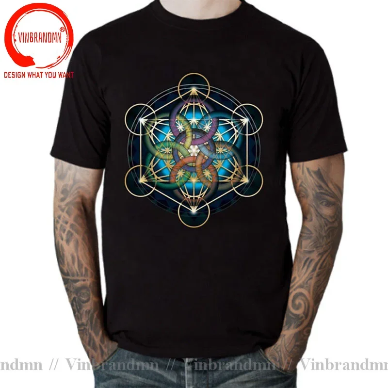 Galaxy Metatrons Cube Flower Of Life Tops T Shirt Men's Cotton Crazy T-Shirt Sacred Geometry Magic Mandala Tee Fitness tshirt