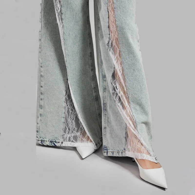 2025 New European and American Street Style Lace Splicing Loose Wide-leg Trend Casual Versatile Jeans For Women