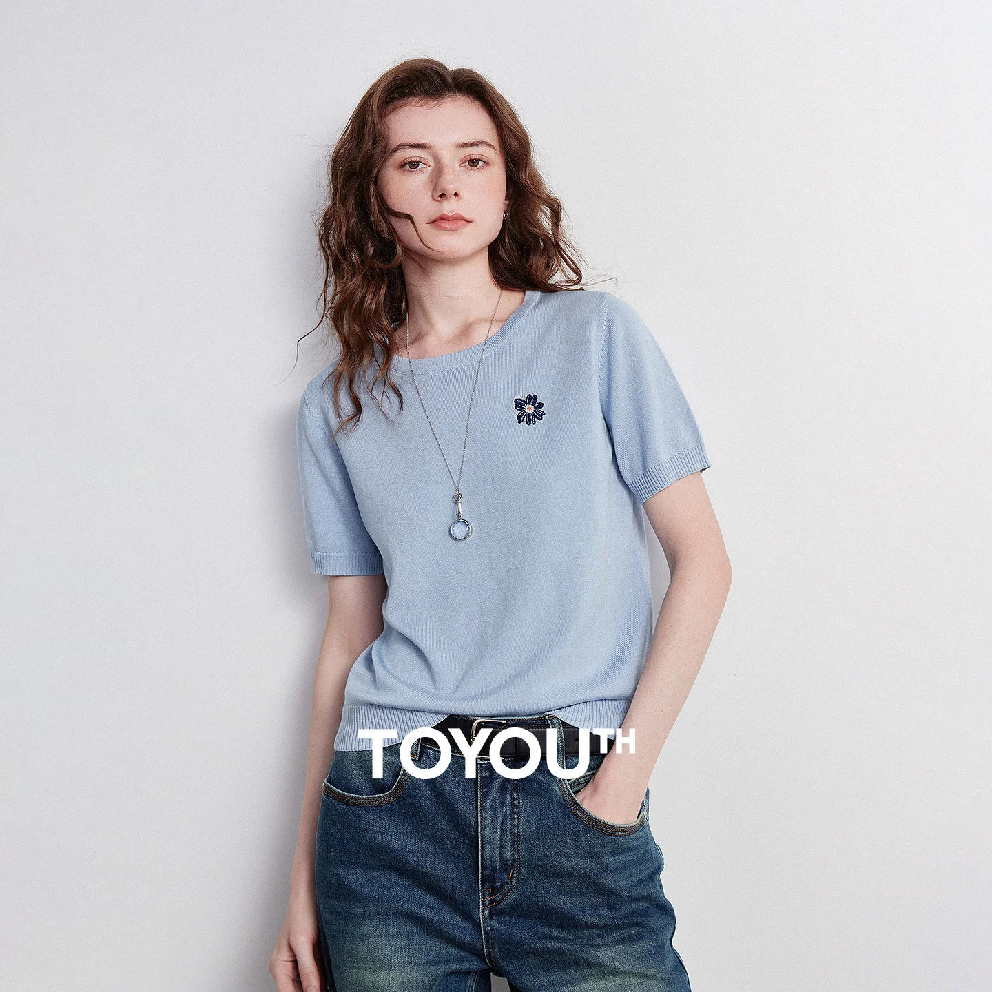 TOYOUTH Women Lyocell Knitwear 2026 Summer New Crew Neck Fit Soft Flower Embroidery Pastoral Style Pullover Tops