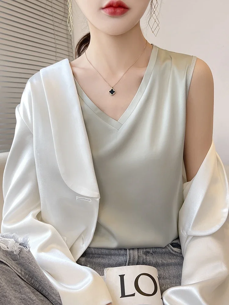 Tank Top Women Summer Solid Colo Artificial Silk Satin Thin Smooth Black White Camis V-Neck Basic Model Silky Y2k 2023 Must Buy