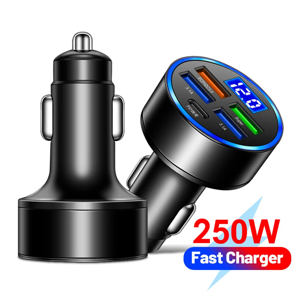 250W 4 Ports USB Car Charger Fast Charging PD Quick Charge 3.1 USB C Car Phone Charger Adapter For iPhone 14 Pro Samsung