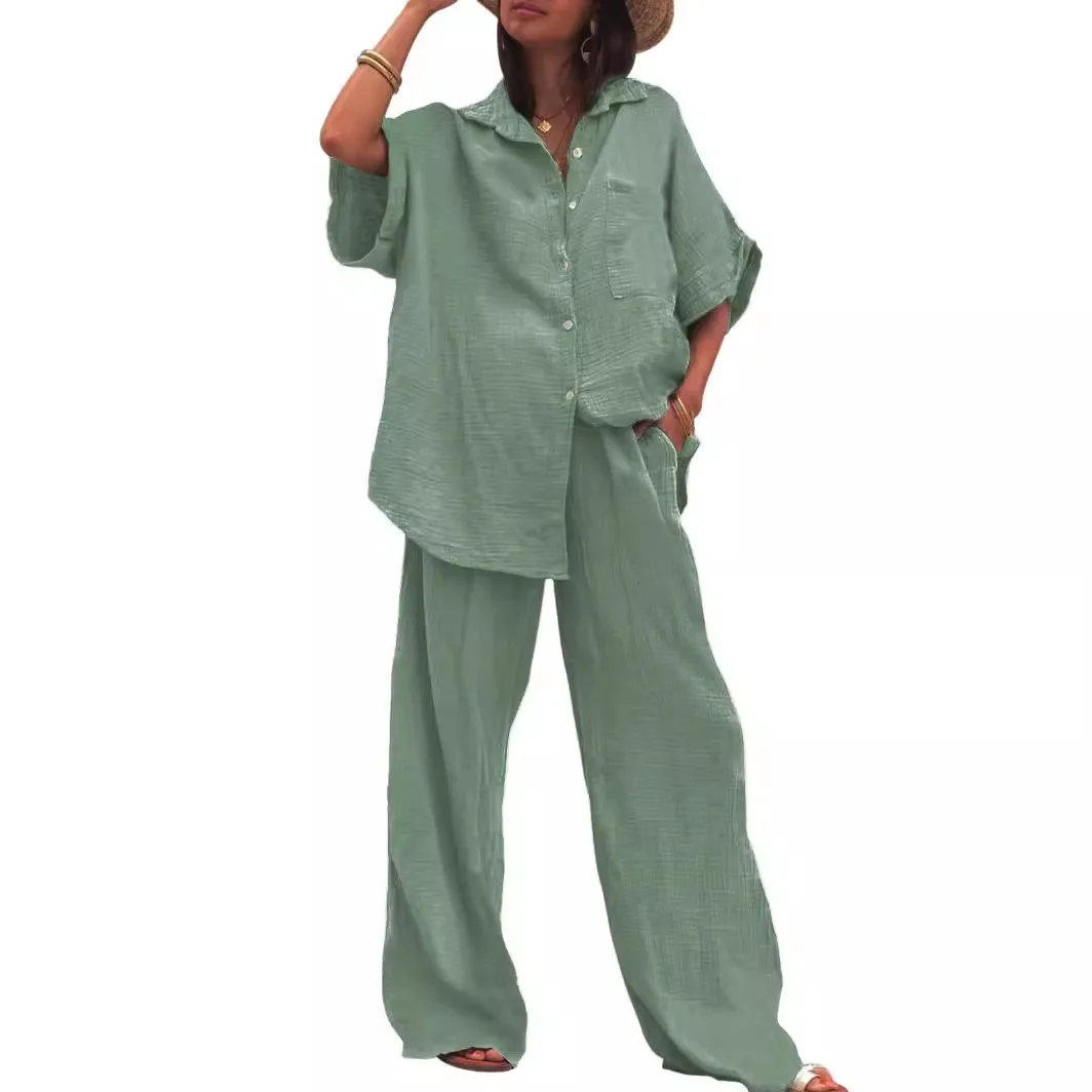 

Elegant Short Sleeve Shirts And Pant Sets Women Summer 2024 Fashion Loose Tops Matching linen 2 Piece Sets Women Outfit Casual