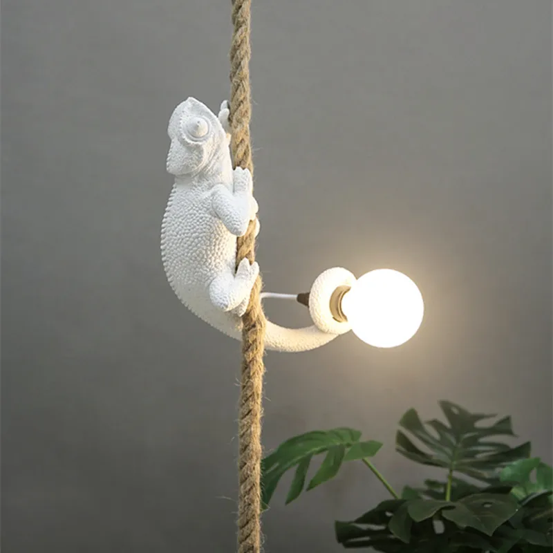 Animal chandelier Resin White color chameleon pendant Lamp For Living Room Hemp Rope Lamp Study coffee Retro pendant light