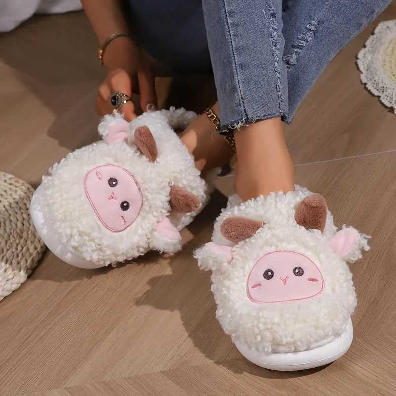 Winter Lovely Little Sheep Slippers For Women Men Cute Lamb Plush Home Sandals Couples Fashion Embroidered Soft Cotton Slides