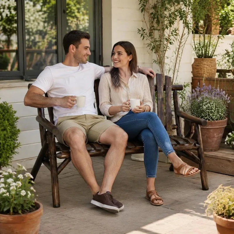 Banquete de jardín de madera maciza de pino y cedro para 2 personas con respaldo alto, brazos ergonómicos, asiento curvado, soporta 300 kg, para terraza, balcón, porche exterior.