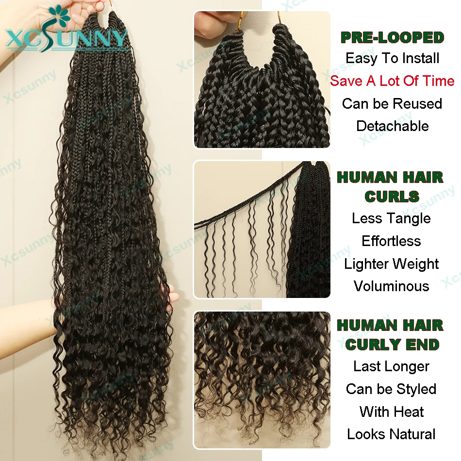 Trecce a scatola all'uncinetto Boho con riccioli di capelli umani Trecce a scatola Boho a onde profonde pre-loop all'uncinetto per capelli umani per le donne