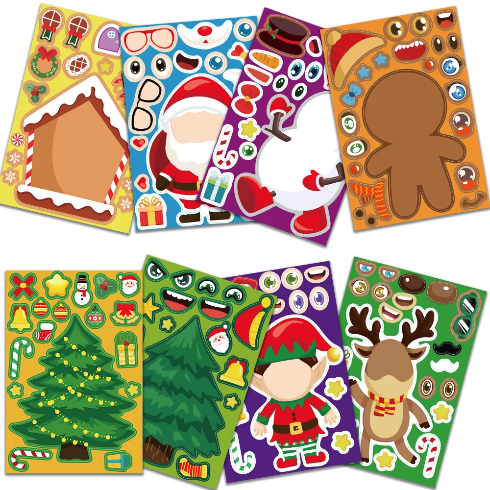 8/16Sheets Cartoon Christmas Stickers Make A Face Assemble Jigsaw Puzzle Stickers Make Your Own DIY Game Kids Educational Toys