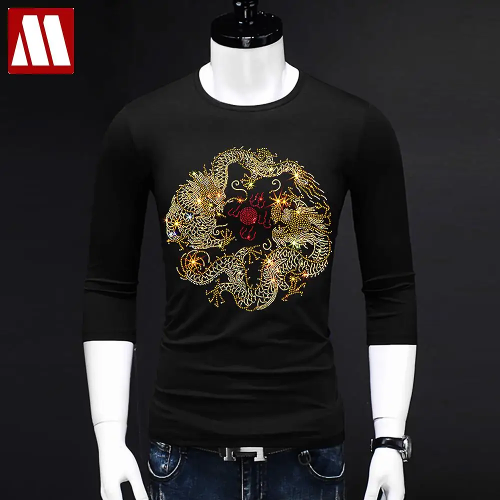 Chinese Style Dragon Tshirt Rhinestones Male Harajuku Casual Diamonds Mascot Tee Shirts Fashion Mens Short Sleeve Cotton T-shirt